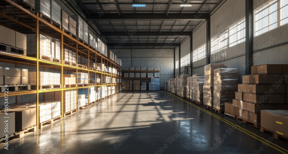 A large warehouse with many shelves and boxes A large warehouse with many shelves and boxes