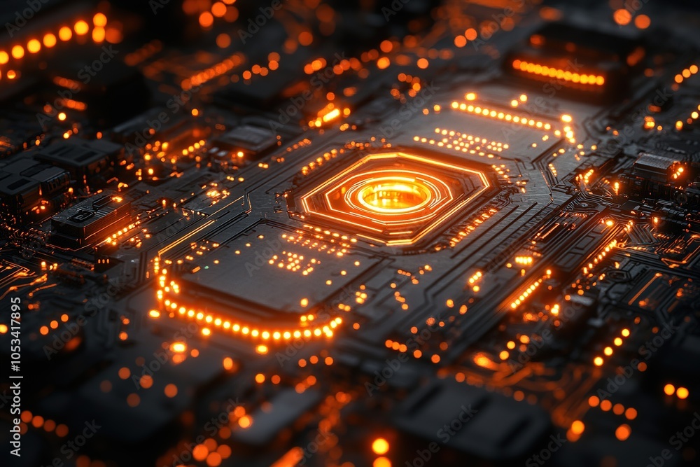 Close-up of a glowing orange CPU on a dark motherboard. Close-up of a glowing orange CPU on a dark motherboard.
