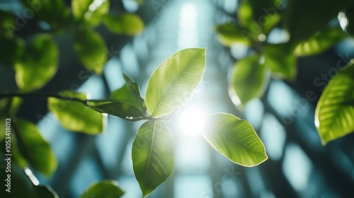 Bright, healthy green leaves stand out against modern architecture, capturing the essence of nature's resilience within an urban environment in this lively image.