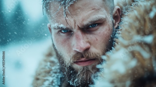 A man's intense eyes burn with resolve as he faces a snowstorm, embodying the raw intensity and fortitude needed to survive harsh winter conditions. photo