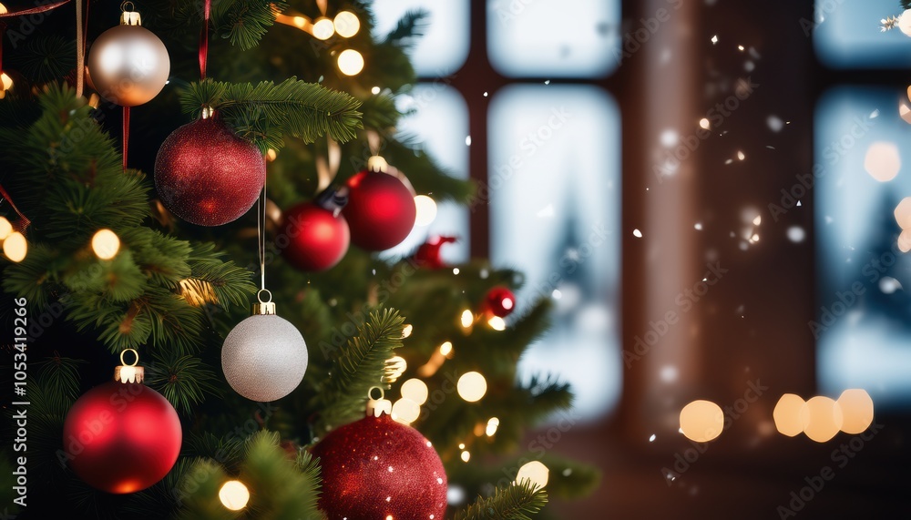 Naklejka premium Close up christmas tree decorated with christmas balls