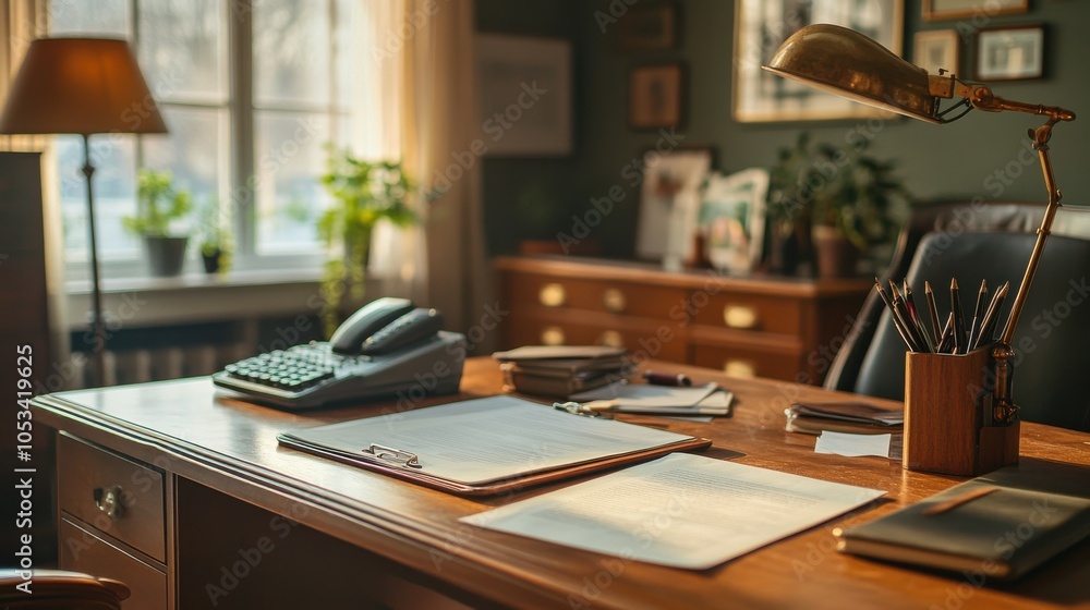 Mid-century office with an empty document tray. Mid-century office with an empty document tray.
