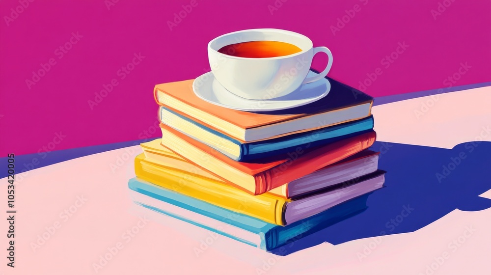 A stack of colorful books with a cup of tea beside them. A stack of colorful books with a cup of tea beside them.