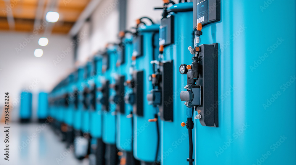 Close-up view of a row of blue industrial water treatment tanks with pipes and valves. Close-up view of a row of blue industrial water treatment tanks with pipes and valves.