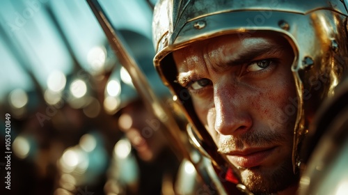 A portrait of a medieval warrior in shining armor, showcasing determination and readiness, evocative of the strength and valor associated with historical battles. photo