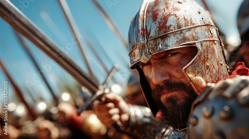 A determined medieval knight with battle scars wears a blood-stained helmet, ready for battle, reflecting the valor and resilience of the chivalrous era. photo