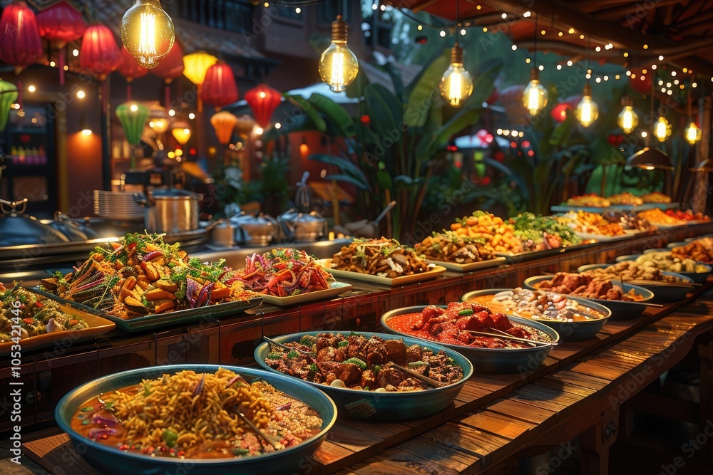 A colorful, vibrant dinner with a variety of street food from around the world