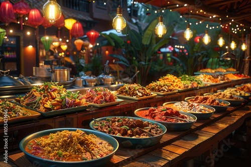 Obraz na płótnie A colorful, vibrant dinner with a variety of street food from around the world w salonie