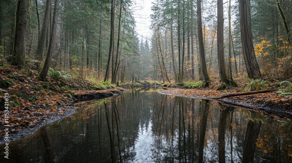 Serene forest landscape with a reflective stream and autumn foliage. Serene forest landscape with a reflective stream and autumn foliage.