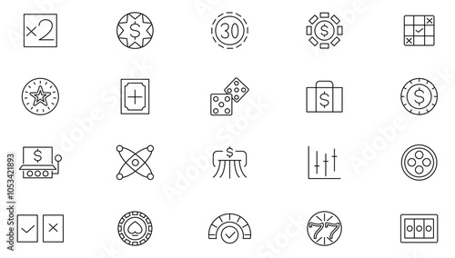 Betting line icon set. Big win, certificate, jackpot machine, poker chips, bet, jackpot, fortune wheel, bingo, casino chip, cards, casino, gift line icon set. UI thin line icon pack