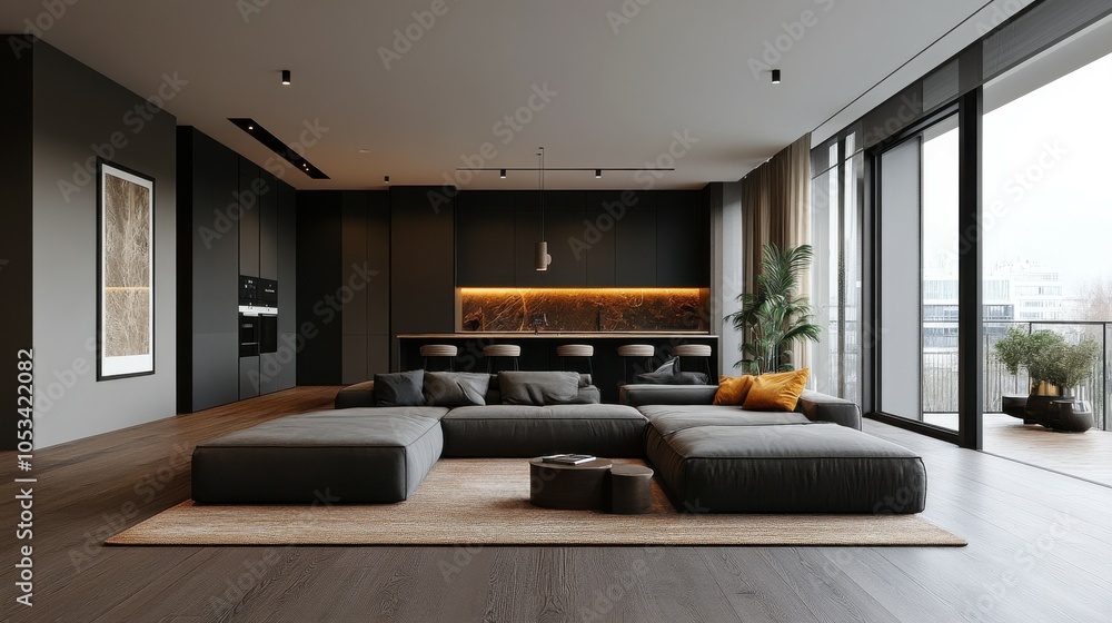 Fototapeta premium Minimalist urban apartment with a spacious layout.