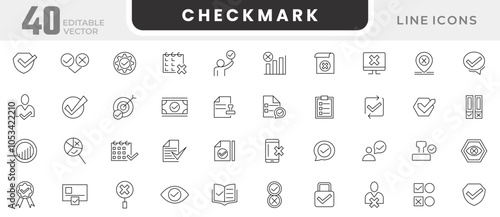 Checkmark line icon set. Containing validation, quality, agreement, badge medal, licence, checkmark, selection, accept, stamp, correct, tick, option, right line icon set. UI thin line icon pack.