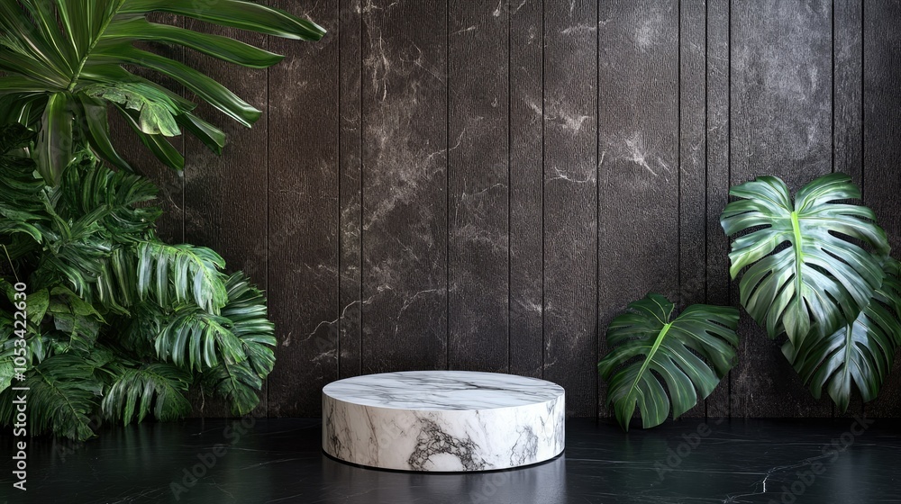 Minimalist marble podium on a sophisticated black-brown wooden surface, with tropical palm and monstera leaves creating an abstract setup Minimalist marble podium on a sophisticated black-brown wooden surface, with tropical palm and monstera leaves creating an abstract setup