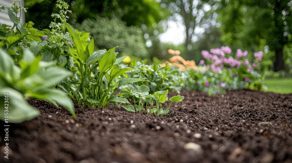 A close-up of a well-tended flower bed with healthy plants and rich soil A close-up of a well-tended flower bed with healthy plants and rich soil