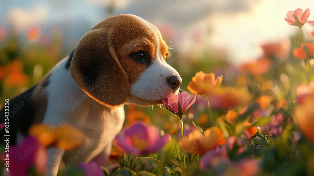 Mischievous Beagle puppy sniffing a flower in a garden, 4K hyperrealistic photo Mischievous Beagle puppy sniffing a flower in a garden, 4K hyperrealistic photo