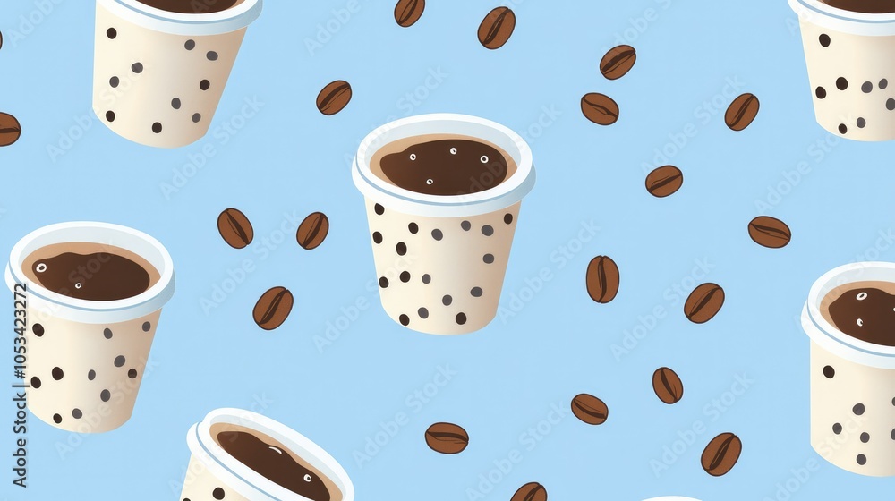 Obraz premium Modern pattern of Americano-filled cups on a light blue background. Simple yet striking for coffee-themed designs.