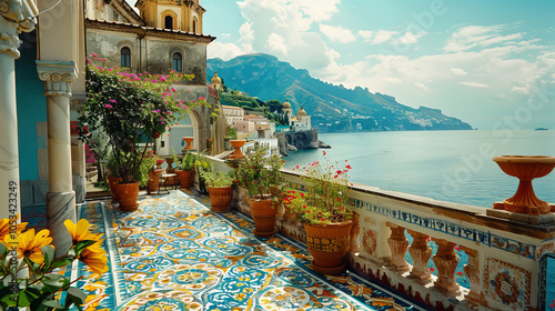 Italian coast landscape, Amalfi beach and colorful ethnic ceramic tiles. Summer, sea life. 300 DPI	