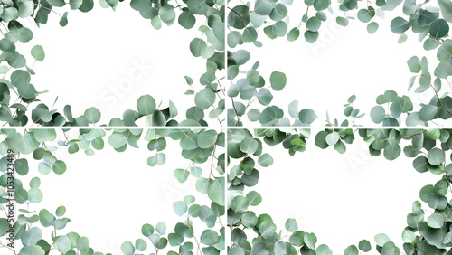 Set of green eucalyptus leaves forming natural frames, cut out