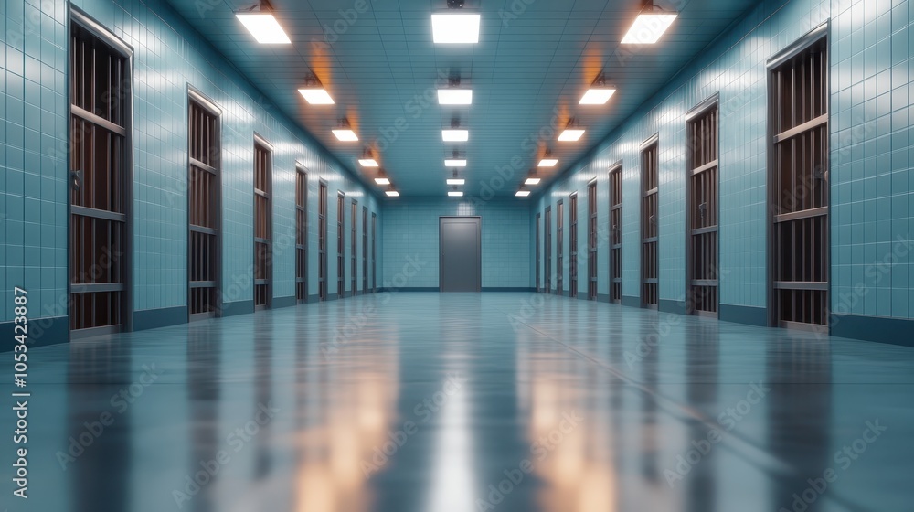 Foto de A stark prison hallway lit with fluorescent lights, showcasing