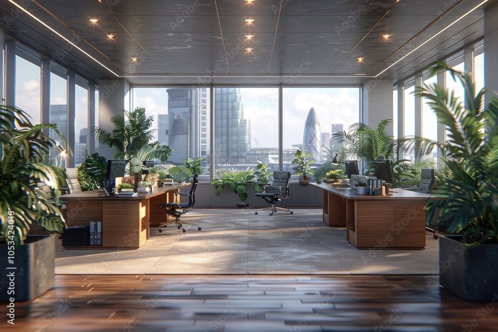 A contemporary open-plan office with sleek desks A contemporary open-plan office with sleek desks