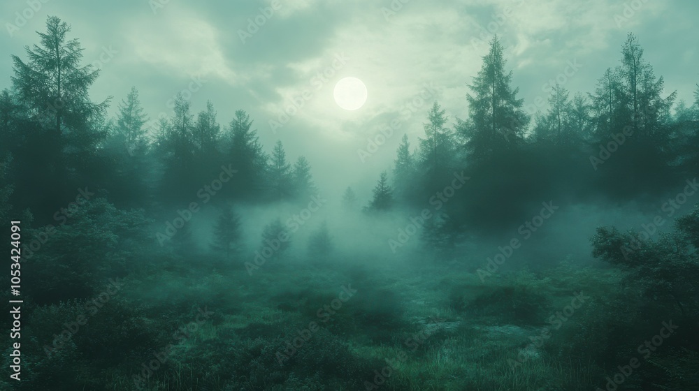 Misty morning fog shrouding a mysterious forest, 4K hyperrealistic photo Misty morning fog shrouding a mysterious forest, 4K hyperrealistic photo
