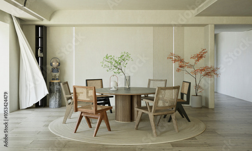 фотографія A minimalist dinning room mockup featuring a clean table and chairs