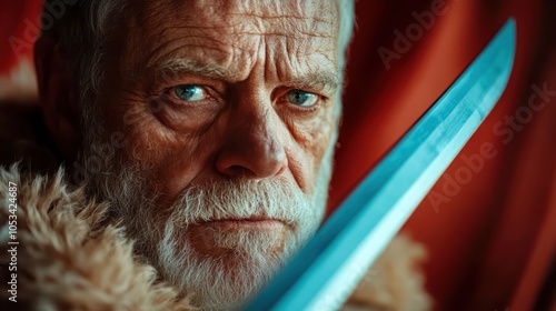 A close-up of an elderly warrior with a white beard, stern expression, and bright blue eyes holding a glistening sword, wrapped in fur, indicating strength and wisdom. photo