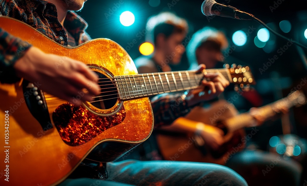 Obraz premium A man is playing a guitar in front of a microphone