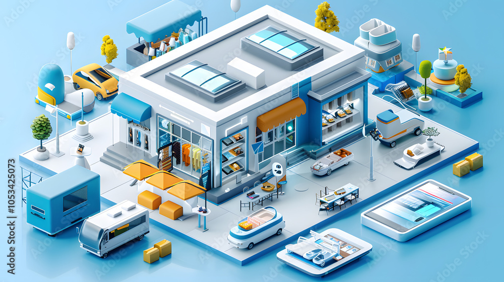 Fototapeta premium 3d online shopping concept. Online store isometric design concept. Online shopping by mobile smartphone. Supermarket, mall and restaurant building design concept. Fashion store