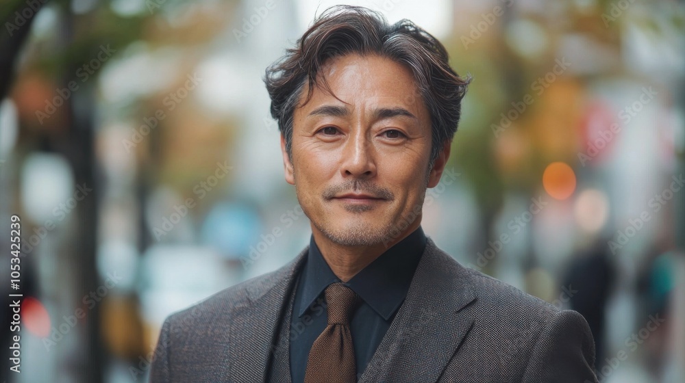 Obraz premium Middle-aged Japanese man with a stylish suit and a confident look.