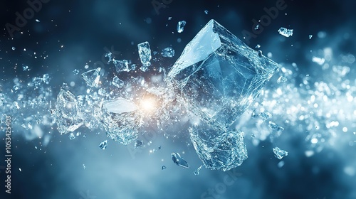 Shattered ice cube exploding into many pieces against a dark blue background.
