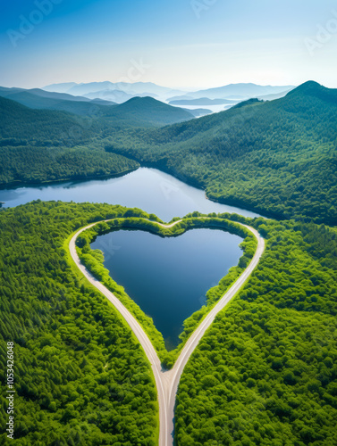 Aerial view of a heart-shaped lake encircled by a lush green forest, symbolizing love, peace, and natural beauty in a scenic landscape