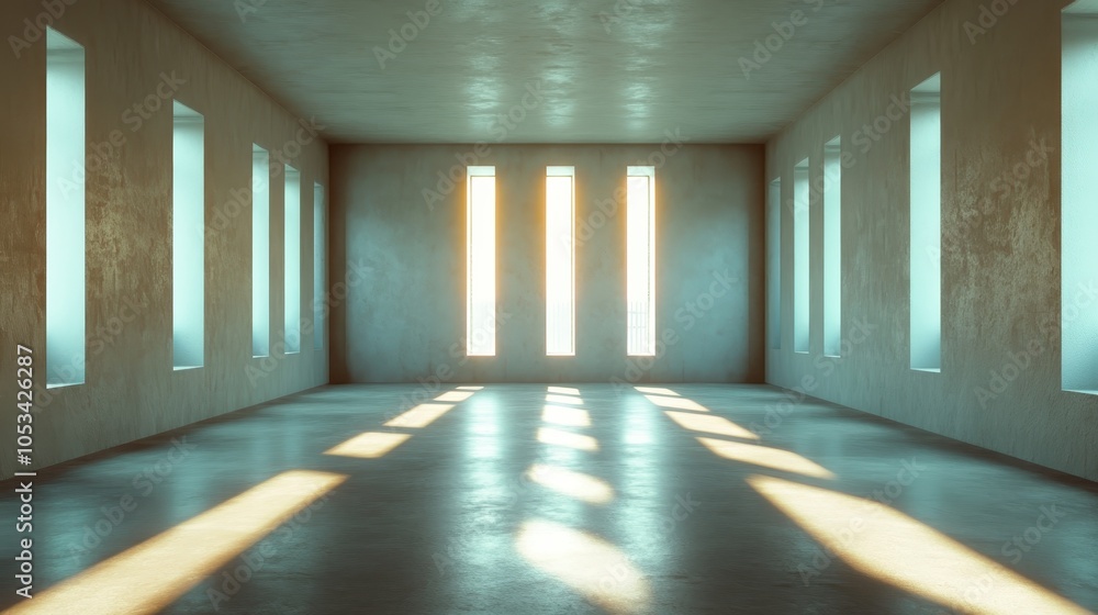 A simple empty room featuring long vertical windows with bright sunlight streaming through, casting elongated shadows on the floor, evoking solitude and clarity. A simple empty room featuring long vertical windows with bright sunlight streaming through, casting elongated shadows on the floor, evoking solitude and clarity.