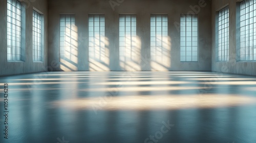 A bright, expansive empty hall bathed in sunlight streaming through large windows, creating a serene space that conveys modern simplicity and peacefulness.