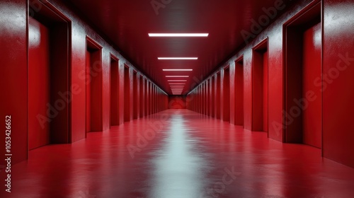 A red corridor featuring symmetric illuminated doorways that accentuate the linear design and evoke an impression of modern sophistication and depth. photo