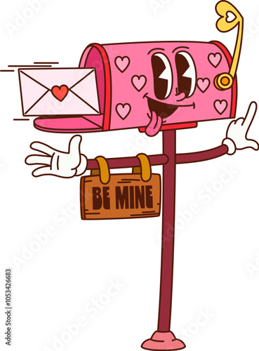 Cartoon Groovy valentines day pink postbox character with love letter and signboard spelling be mine. Isolated vector mailbox expressing affection while delivering warm feelings and romantic messages