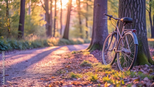 Vintage Bicycle Parked by a Tree on a Scenic Forest Path at Sunset photo