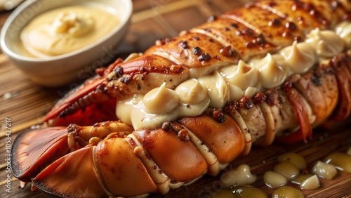 Grilled Lobster Tail with Creamy Garlic Butter Sauce on Wooden Platter..