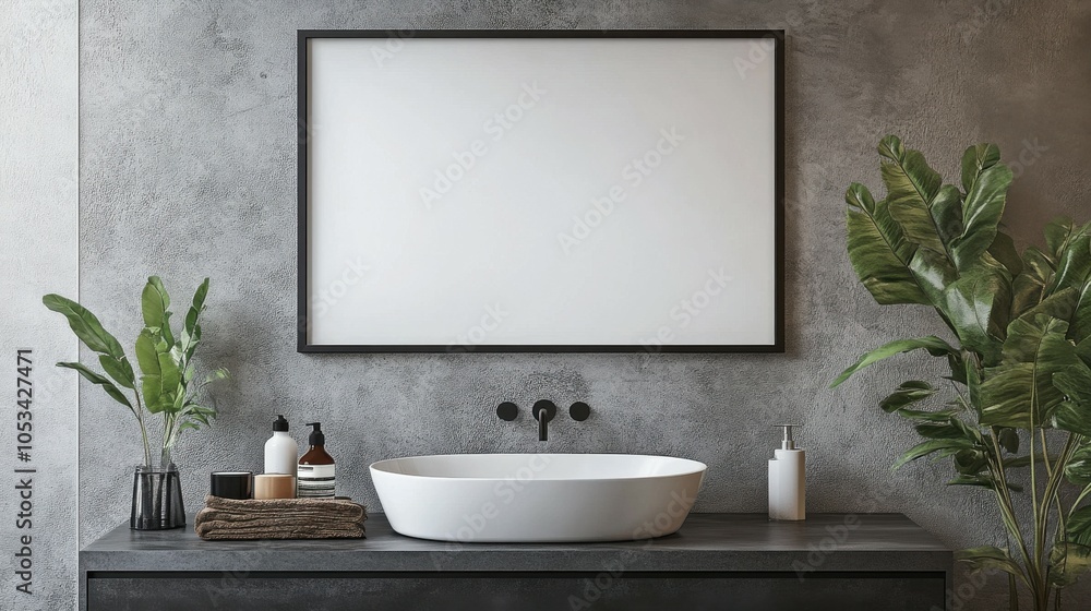Fototapeta premium Modern bathroom with a blank frame above the sink