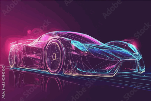 Stylized neon outline of a sports car in motion with digital binary string elements in pink and blue glow.