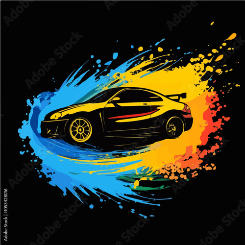 Dynamic illustration of a sports car with colorful paint splashes, ideal for automotive branding or paint company logo.