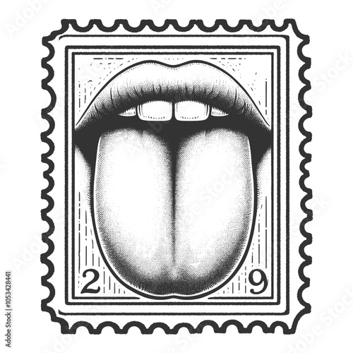 postage stamp featuring an open mouth with a tongue sticking out, blending pop art with vintage style sketch engraving generative ai vector illustration. Scratch board imitation. Black and white image