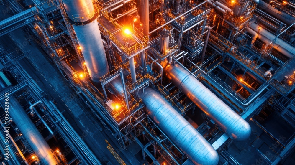 Industrial refinery plant with illuminated pipes and metallic structures at night. Oil and gas industry concept Industrial refinery plant with illuminated pipes and metallic structures at night. Oil and gas industry concept