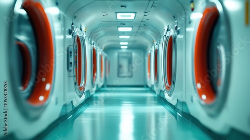 A modern tubular hallway features circular vault-like doors in a sleek contemporary setting, highlighting a blend of futuristic design and practical architecture. photo