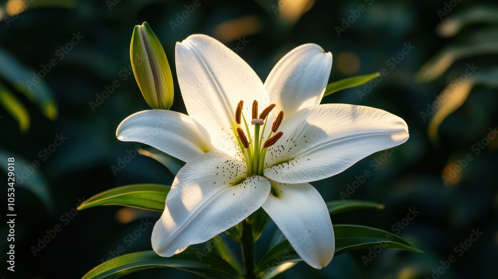 Fototapeta premium A pure white lily in full bloom, with soft sunlight illuminating its petals, set against a dark green background