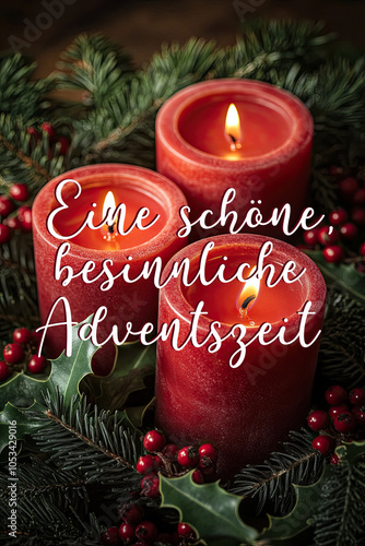 Photography of third Advent arrangement with three candles and holly leaves. The picture is supplemented with a handwritten lettering in German. The text says EINE SCHÖNE, BESINNLICHE ADVENTSZEIT