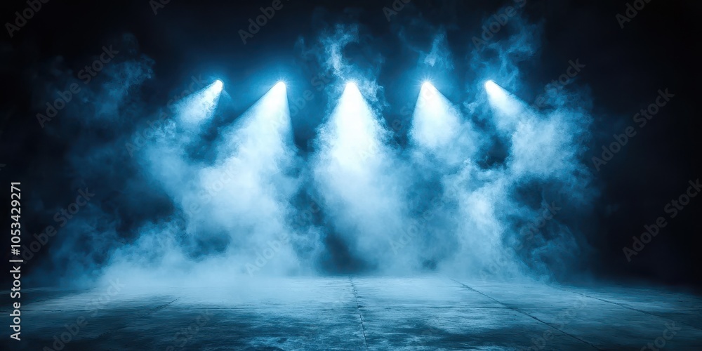 Obraz premium Empty Dark Stage with Spotlights and Fog Effects