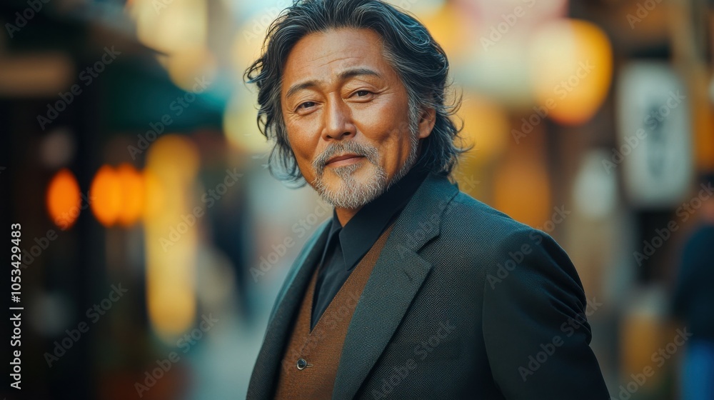 Obraz premium Middle-aged Japanese man with a stylish suit and a friendly look.