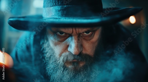 A close-up captures a rugged, intense man with a beard, staring fiercely into the camera amidst a haze of smoke, enveloped in an air of mystery and defiance.