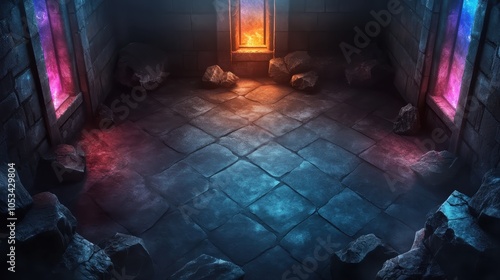 In a dimly lit chamber with vibrant glowing windows and a cracked, stone floor, an atmosphere of enchantment, mystery, and lost secrets envelops the room. photo